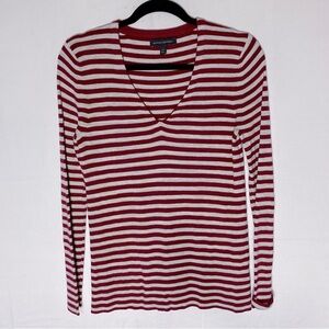 Banana Republic Red White Striped Merino Wool Blend V Neck Light Sweater S
